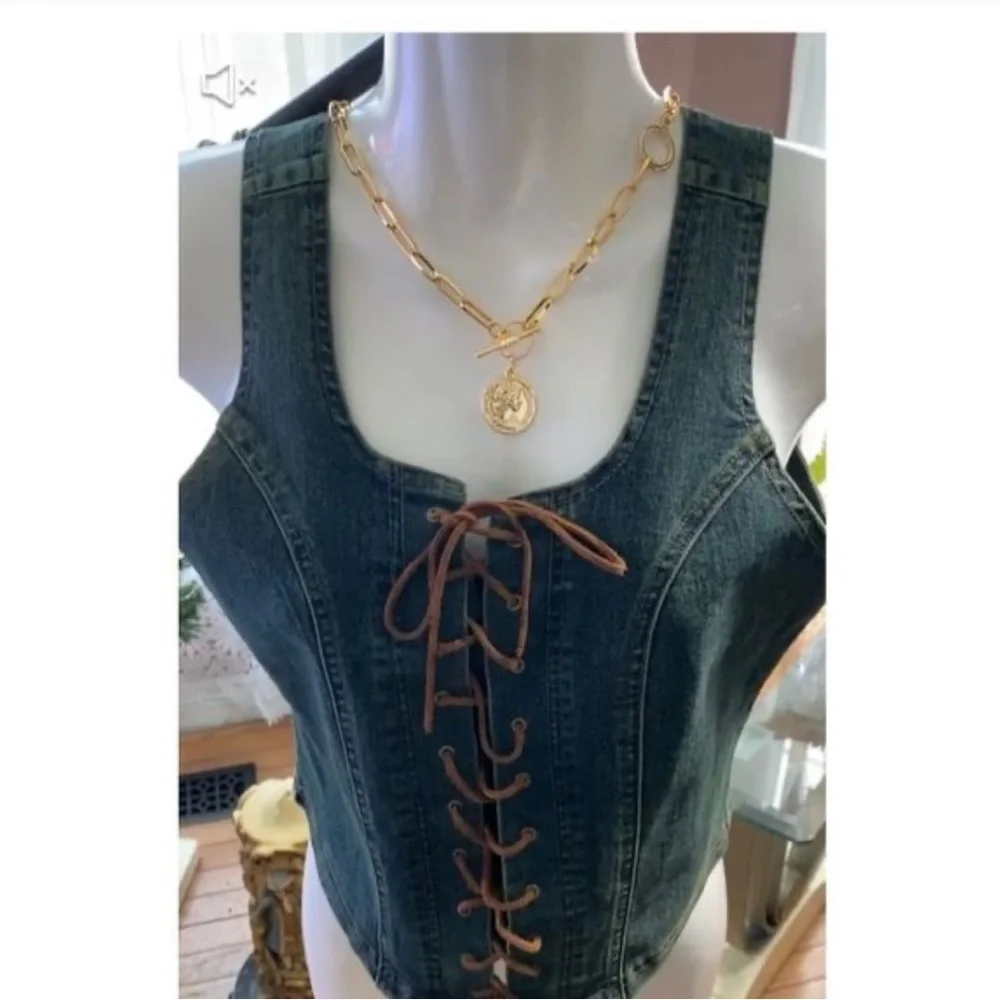 Denim Lace-Up Corset Top with Gold Necklace - Picture 1 of 4